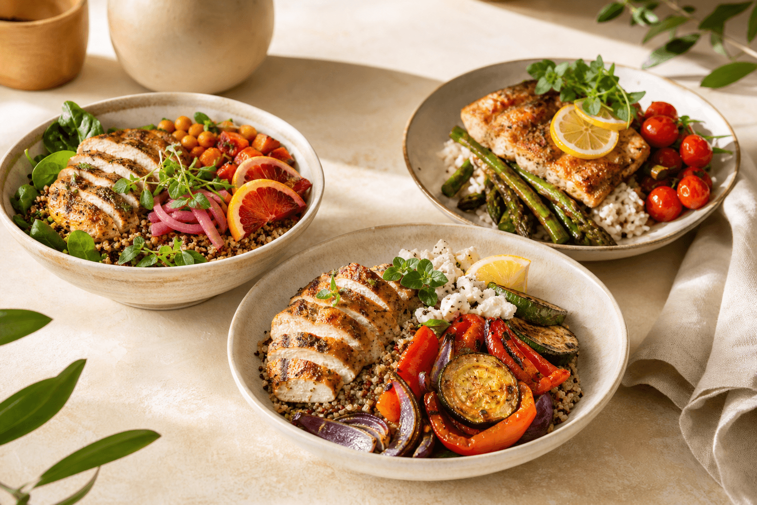 Three colorful chef-prepared meal-prep bowls